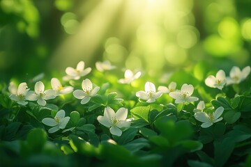 Wall Mural - A field of white flowers with green leaves