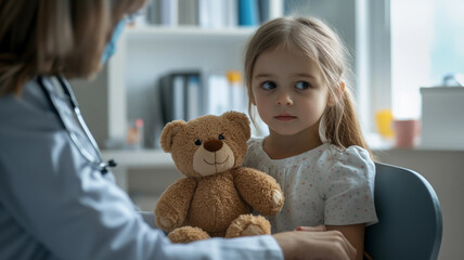 a little girl getting a vaccination at a doctors office holding a teddy bear with pensive look on he