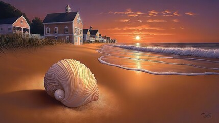 Wall Mural -   A painting portrays a shell on the shore, a home behind, and the sun sinking away