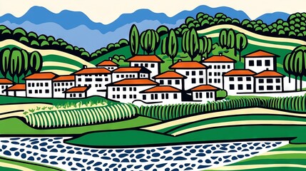 Canvas Print -   A small town with a river in the foreground and a mountain in the background is depicted in this painting