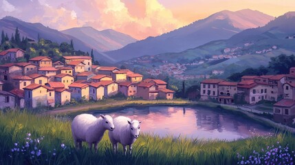 Canvas Print -   Two sheep standing beside each other on a verdant field adjacent to a tranquil lake with a village in the background