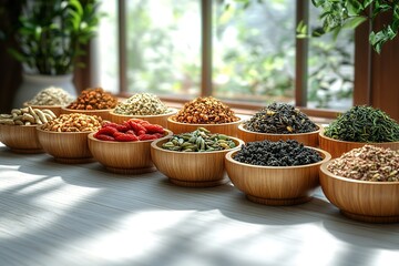 A row of wooden bowls filled with various spices and seeds