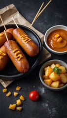 Wall Mural - Crunchy Korean Chunky Corn Dogs with Batter and Fried Potatoes