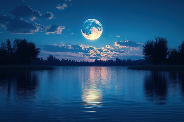 Wall Mural - A large moon is reflected in the calm water of a lake