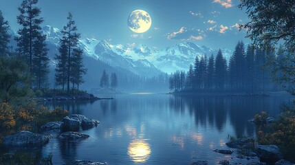 Wall Mural -   A full moon rises majestically above the rocky lake shore and towering trees, casting a serene glow