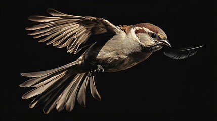 Wall Mural -   A bird flying in the air, with its wings spread wide and its head turned to one side