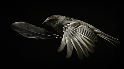   A bird in mid-flight, with a feather in its beak and wings fully extended