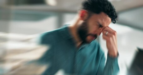 Aufkleber - Businessman, headache and stress with laptop in blur, vertigo or dizzy from strain or mistake at office. Frustrated, tired male person or employee with migraine, severe pain or pressure on computer