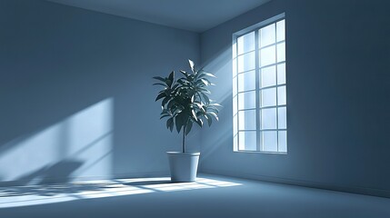 Poster -   A potted plant sits before a blue wall, bathed in sunlight streaming through the window