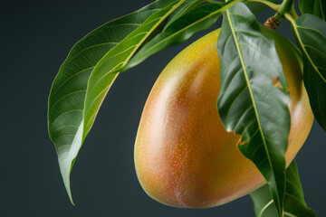 A ripe mango is hanging from a tree