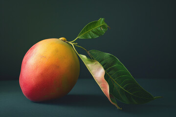 A ripe mango is sitting on a table with a leaf on top of it