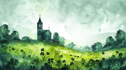 St. Patrick's Day Green Watercolor Landscape with Bishop Silhouette, Church, and Clover Leaves