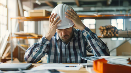 frustrated engineer with hard hat on head holding