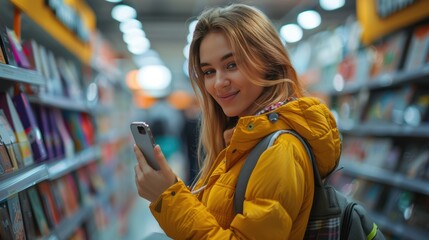 Wall Mural - Excited Shopper Purchasing Latest Smartphone in Store - Young Woman's Portrait