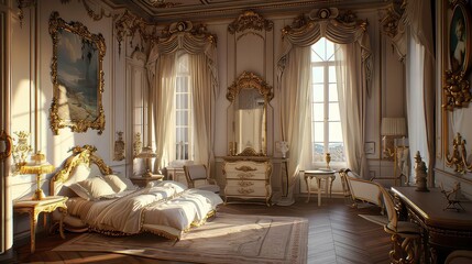 Elegant bedroom interior with a large, ornately decorated bed, a dresser, a mirror, and two windows. The room is decorated in a classic style with gold accents and white walls.