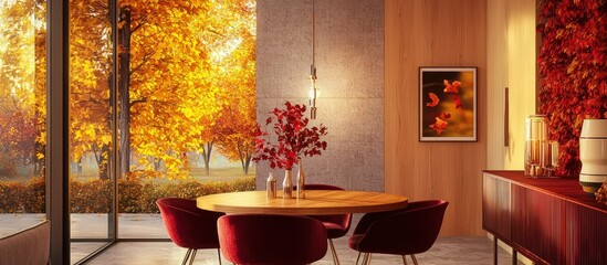 Modern Canadian dining setting with maple furniture and autumnal tones.