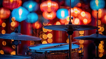 Drumming Delight: Close-up of Hi-Hat Plates with Drumsticks amidst Vibrant Lanterns