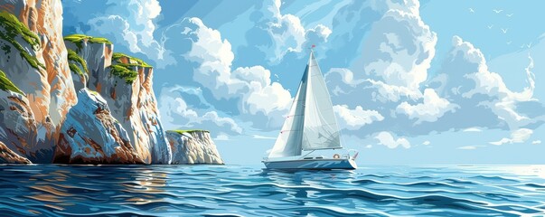 Wall Mural - Illustration of a sailboat on a serene blue sea with rocky cliffs and lush trees under a bright, sunny sky.