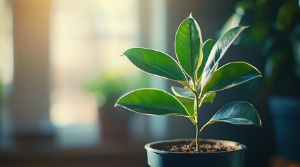 Sticker -   Close-up photo of a plant in a pot with sunlight streaming through the window, featuring a potted plant in the foreground