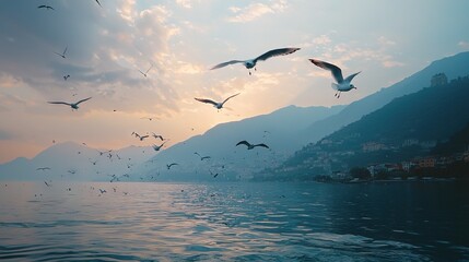 Poster -  Seagulls flying over water, mountains, and town