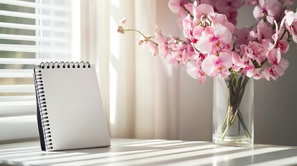 Poster - A White Notebook with a Pink Orchid Bouquet in a Glass Vase on a Table