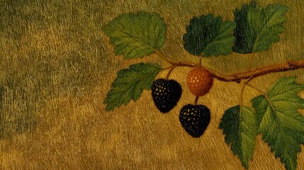 Poster -   A zoomed-in shot of a berry and leaf painting on a tree branch against a green background