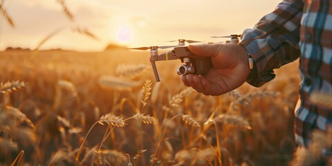 Poster - Close up of farmer operating agricultural drone for monitoring crops in the field