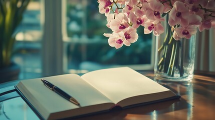 Canvas Print - Open Notebook with Pen and Orchid Bouquet in the Background