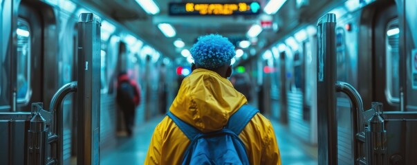 A young man with vibrant blue hair wearing a yellow jacket, entering a bustling subway station turnstile.