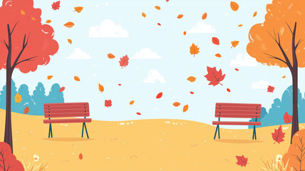 Autumn foliage in a park simple 2d smooth. Trees in a park in autumn colors, some leaves are lying on the ground or are flying in the air. Park illustration with falling leafs at autumn season in flat