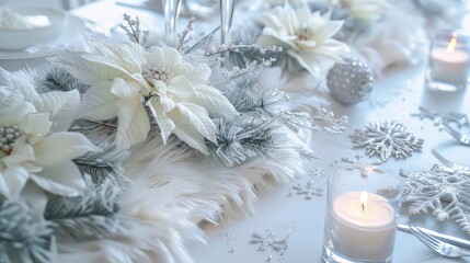 Wall Mural - White poinsettia and silver snowflakes with a burning candle on a white table setting.