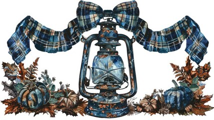 an old-fashioned lantern with a blue plaid bow