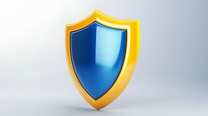 Shield depicting protection. shield 3d icon. Protection, defense and security concept symbol: yellow and blue shield on isolated on white background