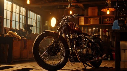 A motorcycle is parked in a garage with a dimly lit room