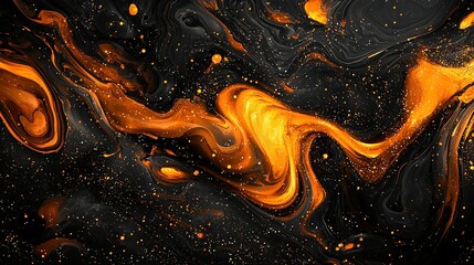   A close-up image showcases a black and orange liquid with golden sprinkles at its base