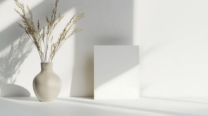 Wall Mural - Minimalist Still Life with Dried Flowers in a Vase and a White Card