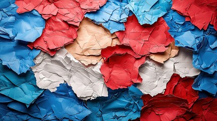 Sticker -   A heart-shaped cluster of red, white, and blue umbrellas, neatly folded