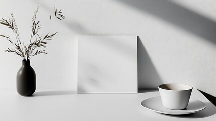 Wall Mural - Minimalist Still Life with a White Cup, a Vase, and a Blank Canvas