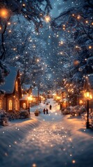 A charming winter village scene featuring snow-covered houses, glowing lights, and families enjoying a festive evening.