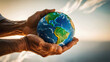 © Hq Visual Studio - Old wrinkled hands holding planet earth, globe on the palm, eco environment, global connection, background