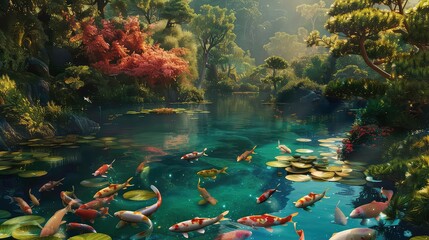 A pond surrounded by lush greenery, with many colorful koi fish swimming beneath lily pads.