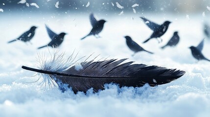 Wall Mural -   A flock of birds soaring above a snow-covered ground with a quill pen in the foreground