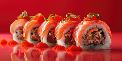 Wall Mural - Salmon and Beef Sushi Rolls with Mentaiko Sauce Tobiko and Furikake