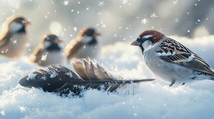 Poster -   A flock of birds perched atop a snowy mound adjacent to a single feather nestled on a heap of feathers