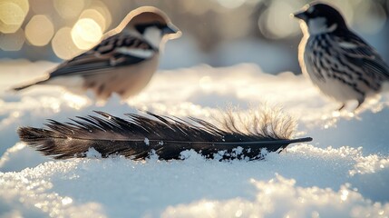 Poster -   A pair of birds perched atop a mound of snow beside a feather nestled on the same pile