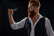 © be free - Handsome hairstylist with haircut. Barbershop. Man hairdressing and barbering. Hairdresser at barbershop isolated on black. Hairdresser man. Professional barber man hold scissors
