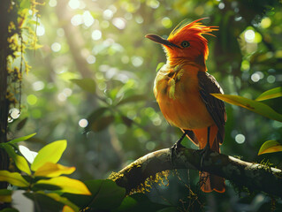 
An Amazonian Royal Flycatcher displaying its colorful crest in a dense, tropical rainforest setting, with dappled sunlight filtering through the trees, cinematic style, Compositing Core, 8k, detailed