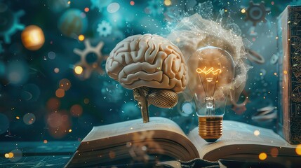 Wall Mural - a human brain and a lightbulb on an open book, with sparks flying and bokeh effects in the backgroun