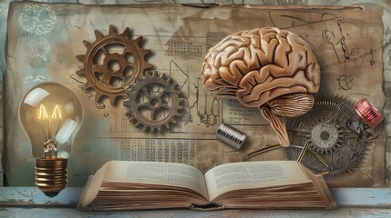 Wall Mural - a human brain resting on an open book, with a lightbulb and gears around it. this image represents t