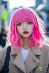 A woman with pink hair and makeup is wearing a tan coat and holding a black bag. She has a bright and cheerful look on her face, which suggests that she is happy and confident